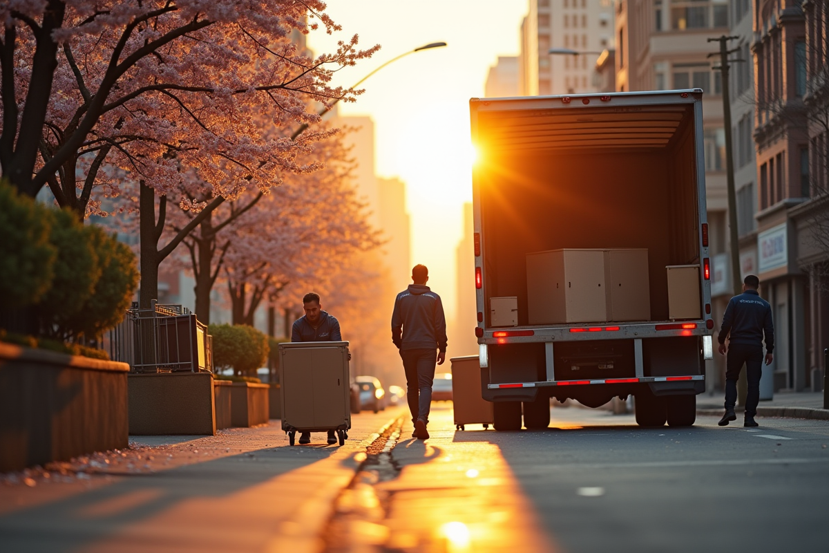 Chargement de meubles par des déménageurs au matin de printemps