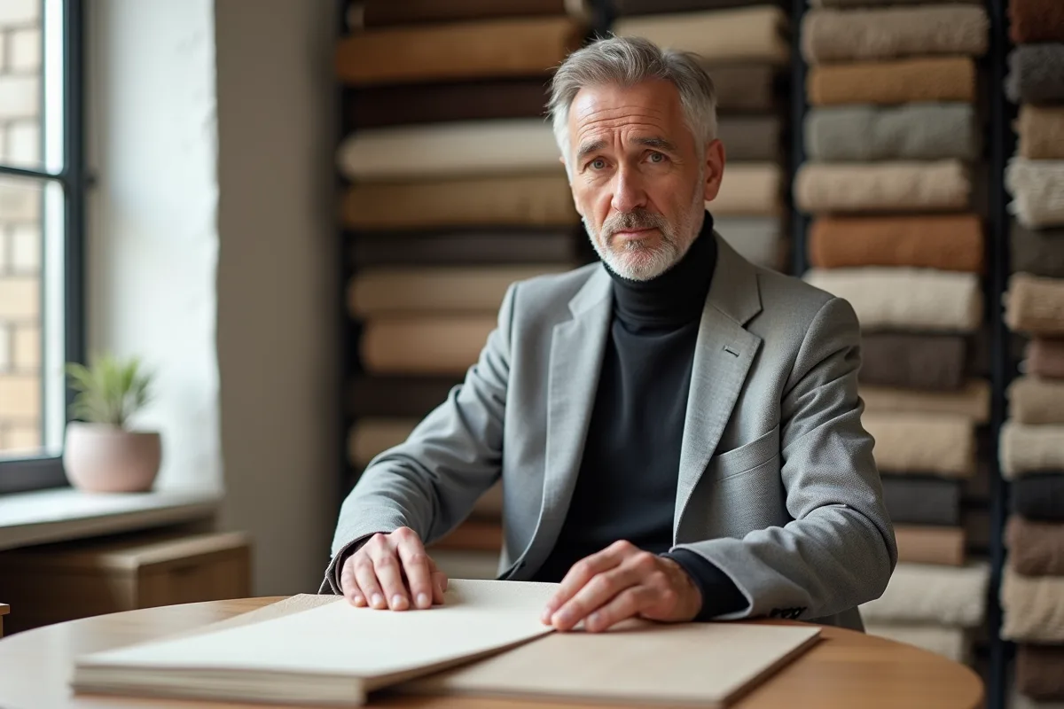 Designer intérieur examinant des échantillons de sol dans un bureau lumineux