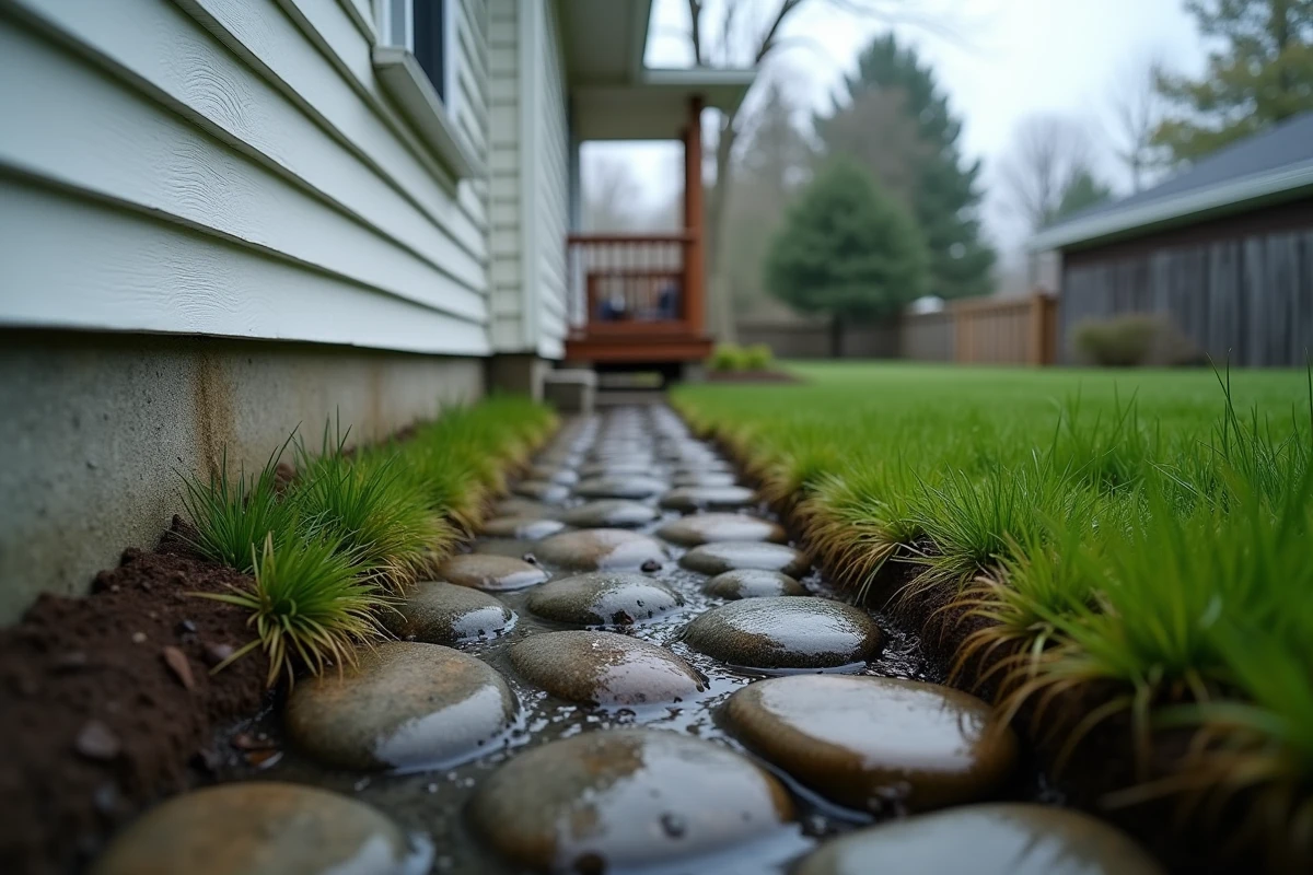 Vue extérieure d'une maison avec un drain français en pierres rondes canalisant l'eau de pluie loin des fondations