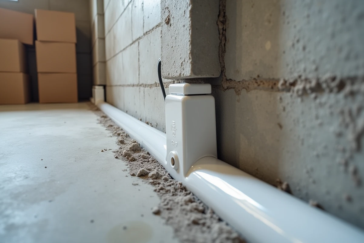 Canal de drainage intérieur en PVC installé au pied d'un mur de sous-sol avec fosse de pompe de relevage