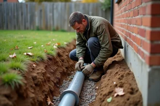 Artisan posant un tuyau de drainage perforé dans une tranchée au pied d'une fondation de maison en brique