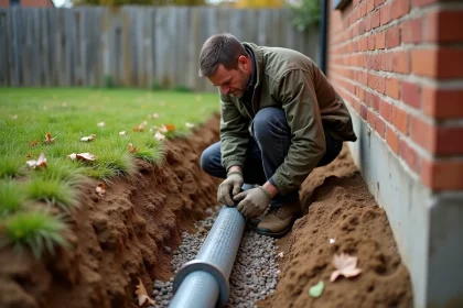 Artisan posant un tuyau de drainage perforé dans une tranchée au pied d'une fondation de maison en brique