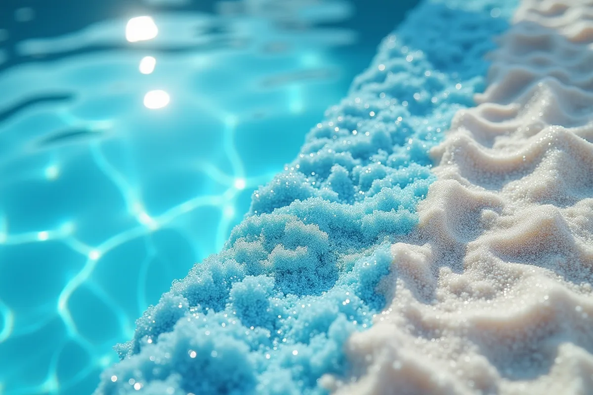 Coupe d'un filtre de piscine avec eau bleue et couches de sable et media