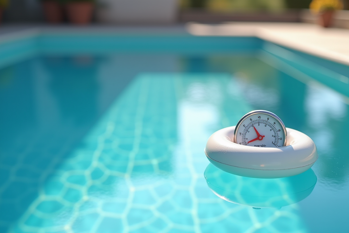Reflet d’un thermometre flottant dans l’eau de piscine d’hiver