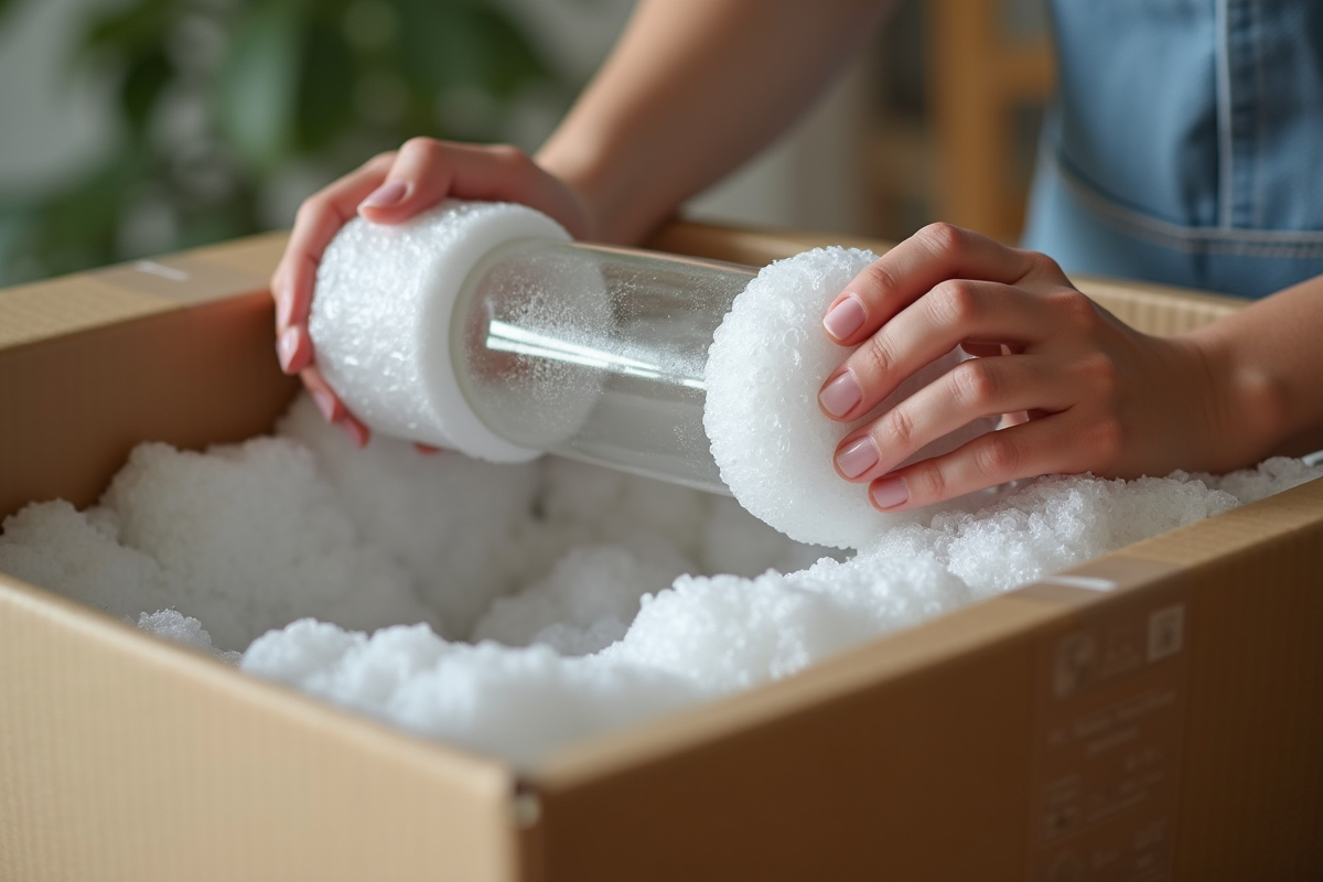 Mains emballant un vase fragile avec du papier bulle dans une boîte solide