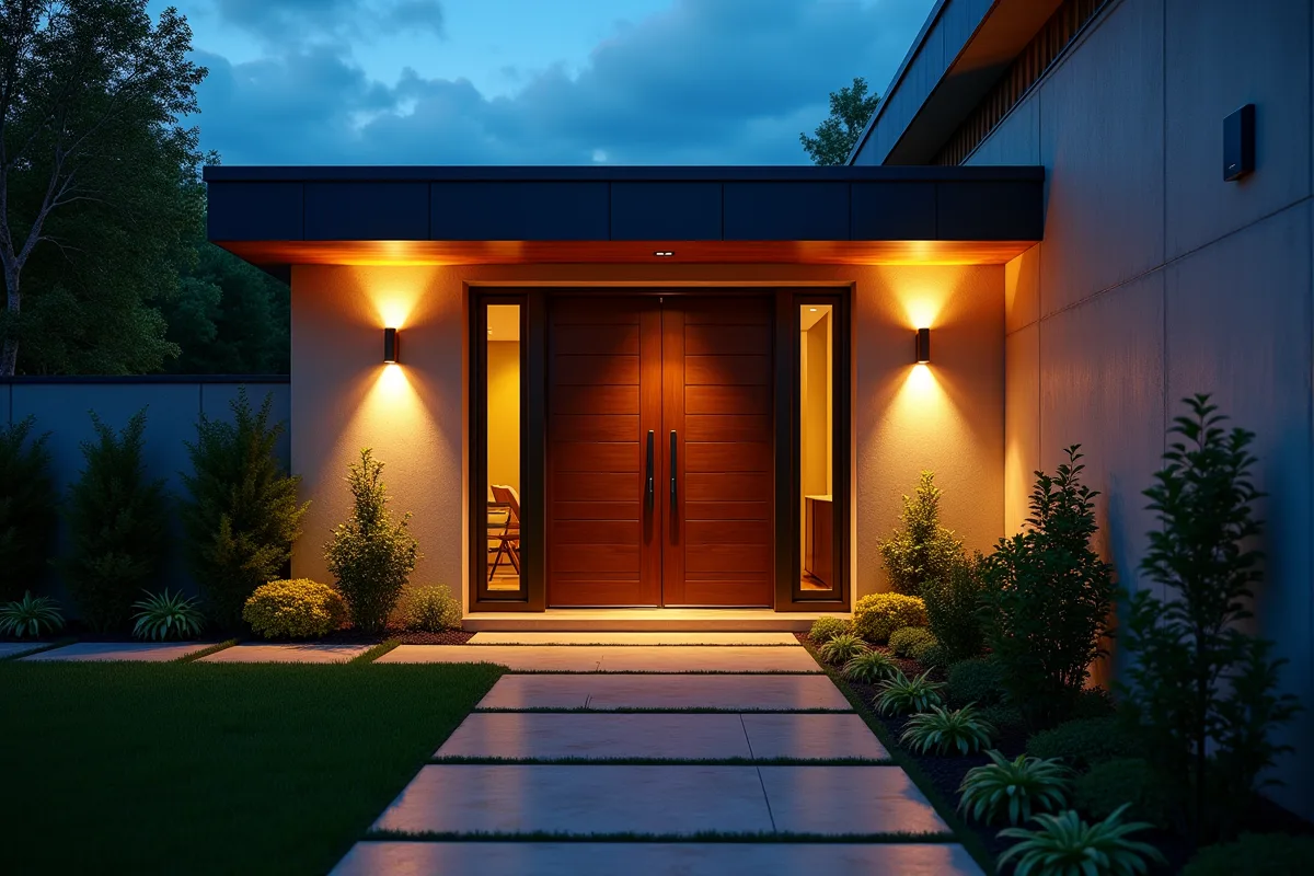 Entrée de maison moderne éclairée au crépuscule avec jardin