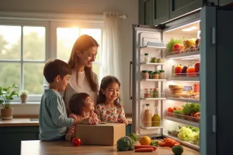 Famille heureuse dans une cuisine moderne avec un grand frigo ouvert