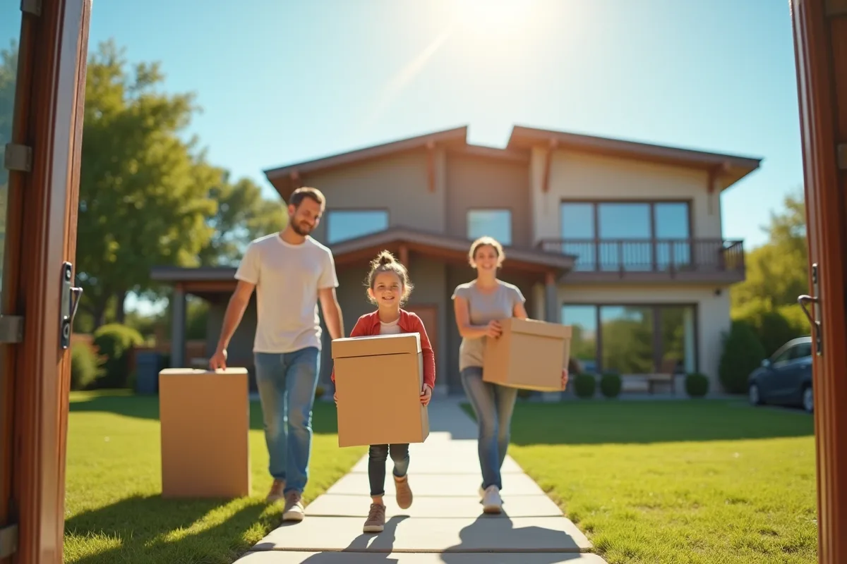 Famille heureuse sortant de leur maison en été avec des cartons