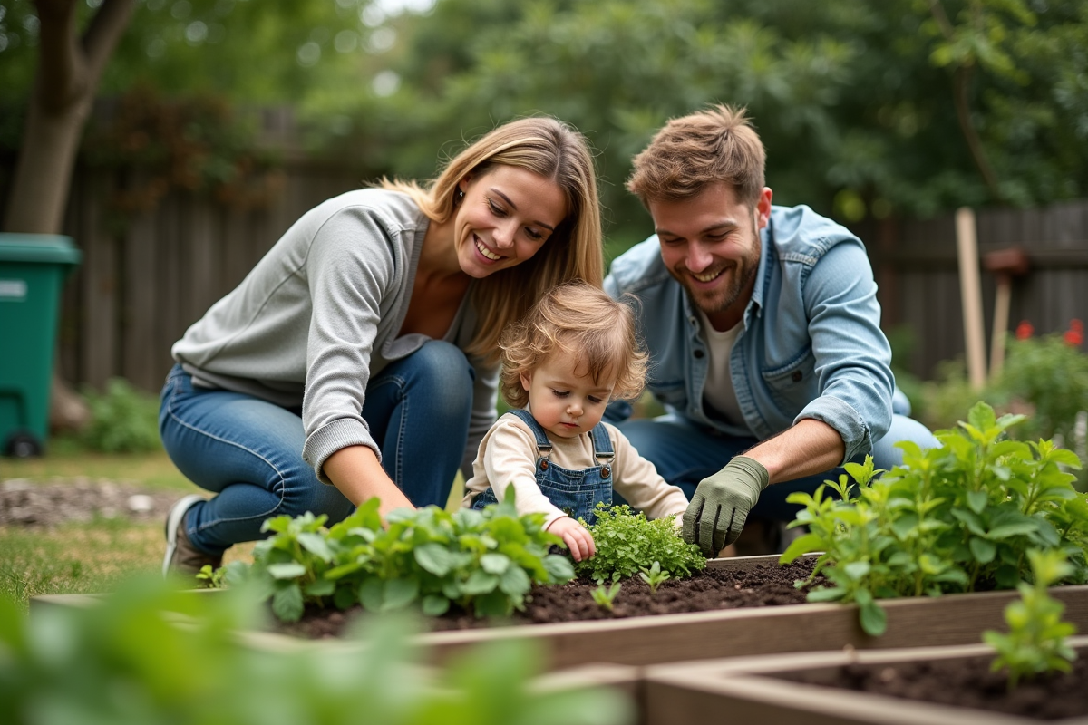 Famille plante des herbes dans leur jardin