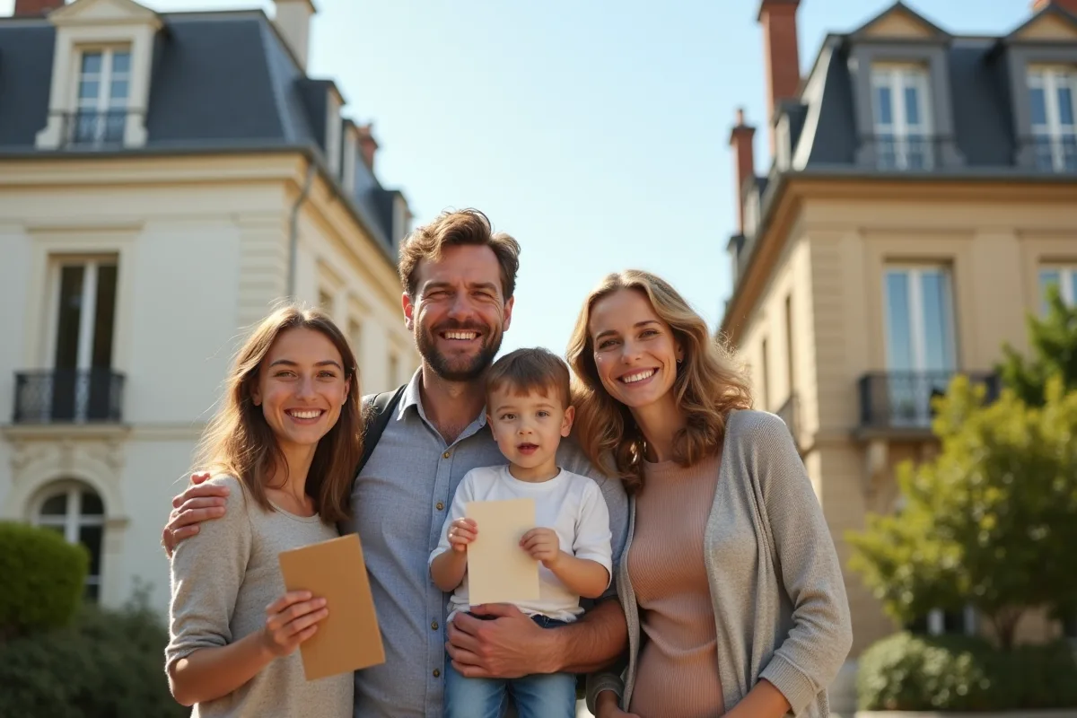 Famille heureuse devant deux maisons en France