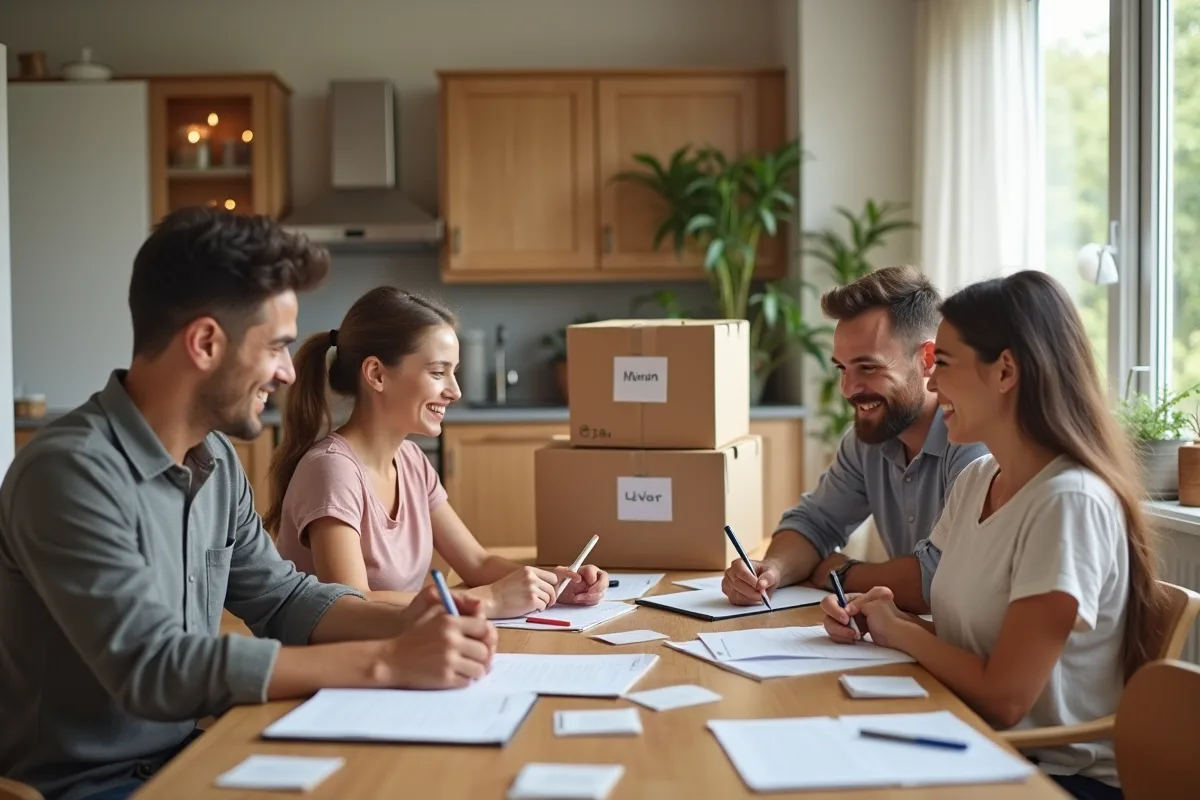 Famille discutant autour d une table avec cartons de déménagement