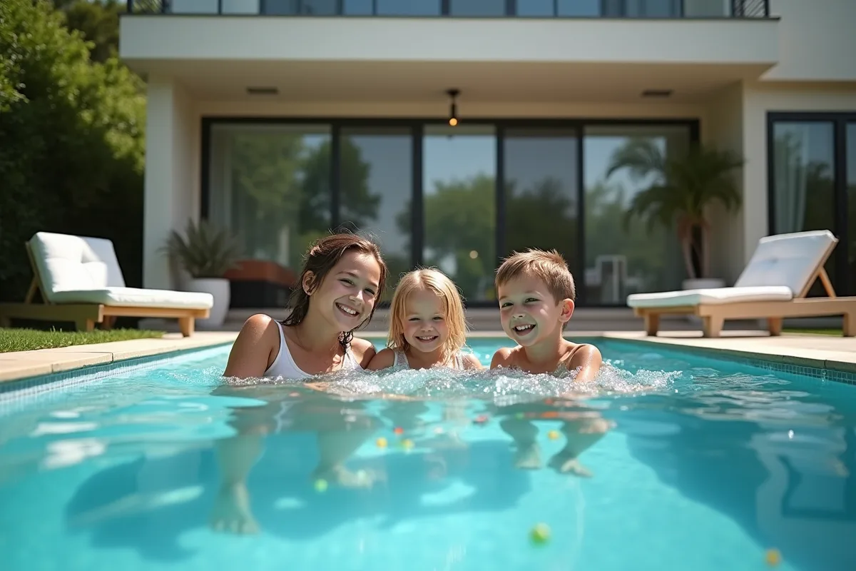 Famille heureuse jouant dans une piscine moderne en plein air