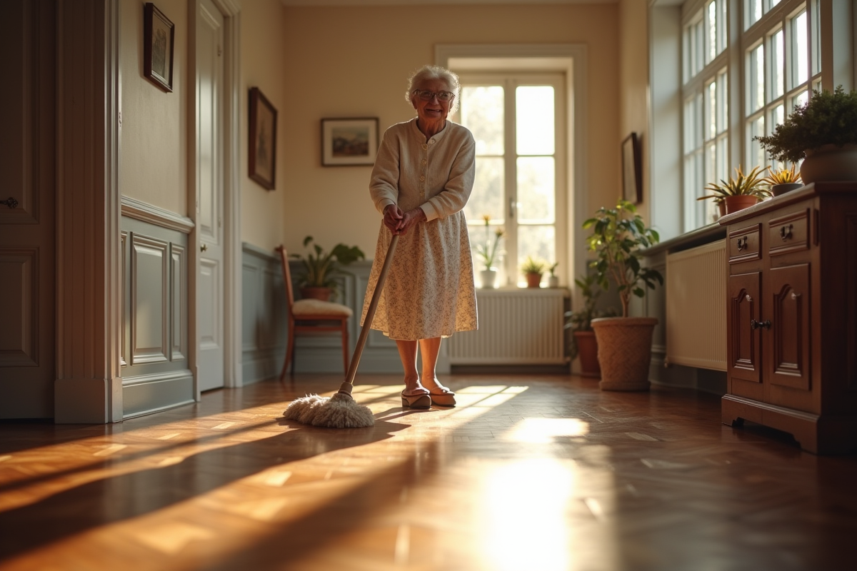 Femme agee entretenant un parquet brillant avec une vadrouille en laine
