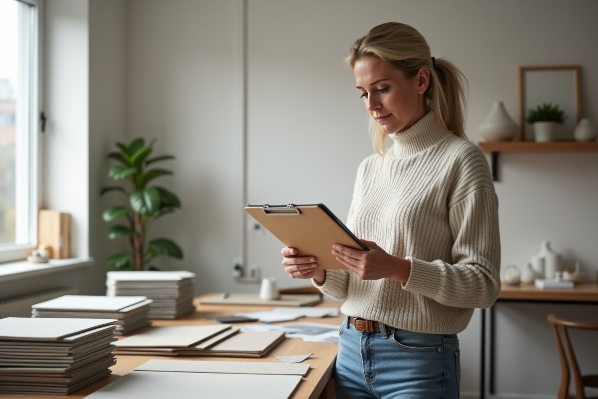 Femme vérifie des échantillons de fibercement en intérieur