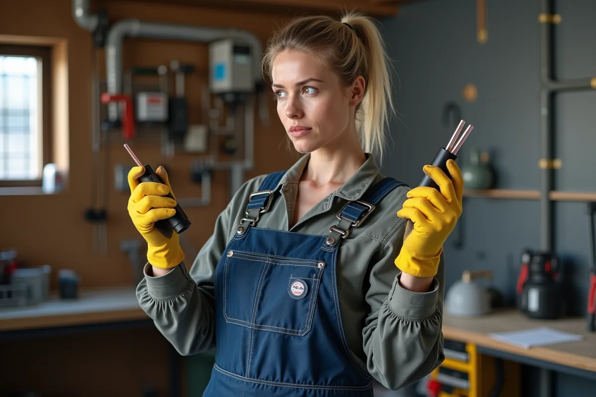 Femme en overalls comparant deux câbles de pompe piscine
