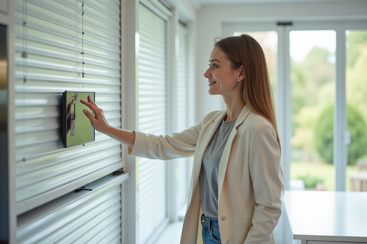 Jeune femme en cuisine contrôlant des volets roulants avec un panneau mural