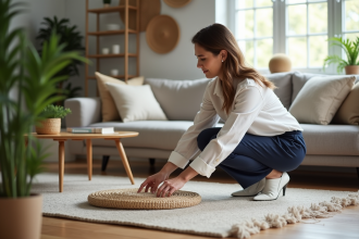 Femme arrangeant un tapis moderne dans un salon chaleureux
