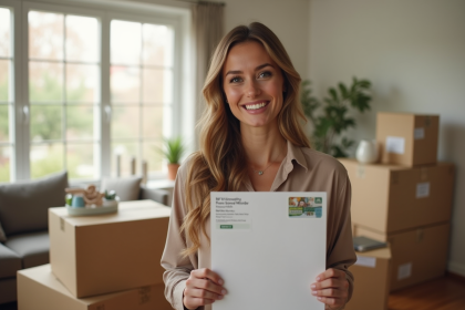 Femme souriante dans son nouvel appartement avec cartons