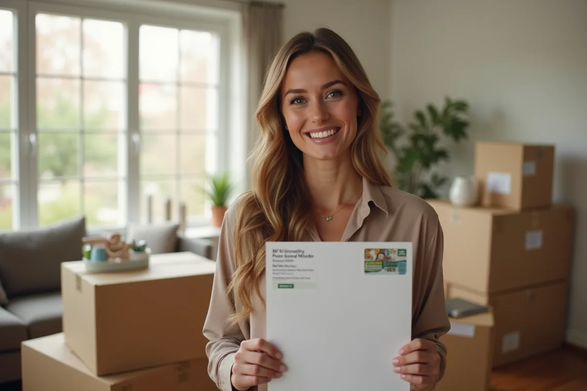 Femme souriante dans son nouvel appartement avec cartons