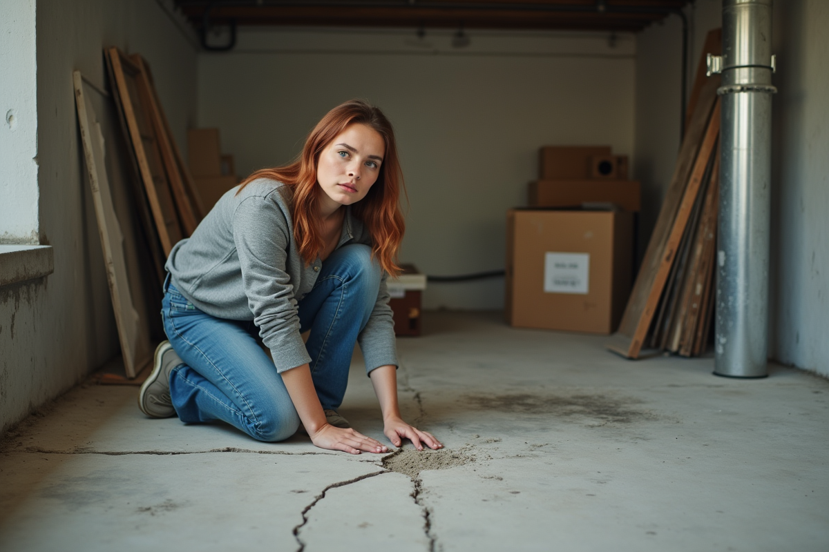 Jeune femme examinant un sol en béton fissure dans une cave