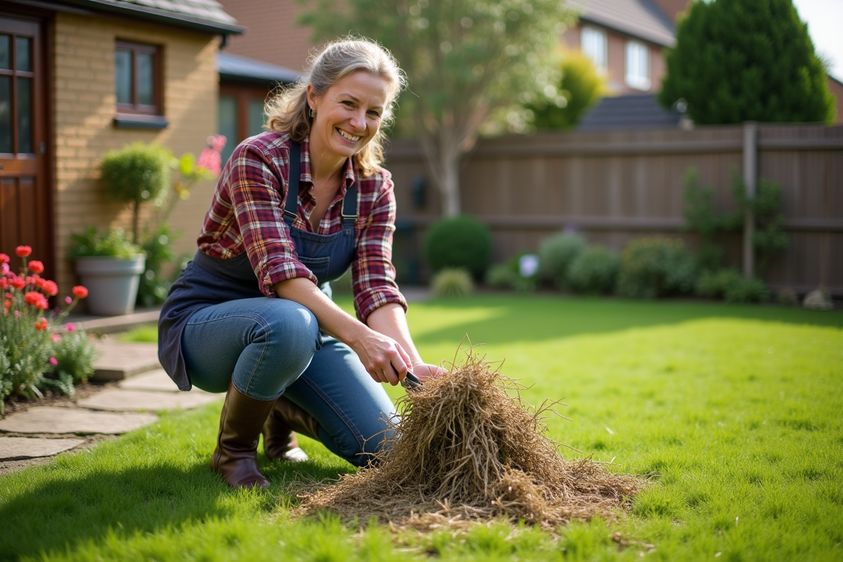 Femme vérifiant la couche de chaume après scarification du gazon