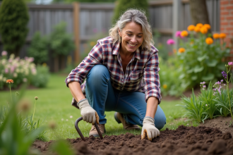 Femme en vêtements de travail dans le jardin en train de bêcher la terre