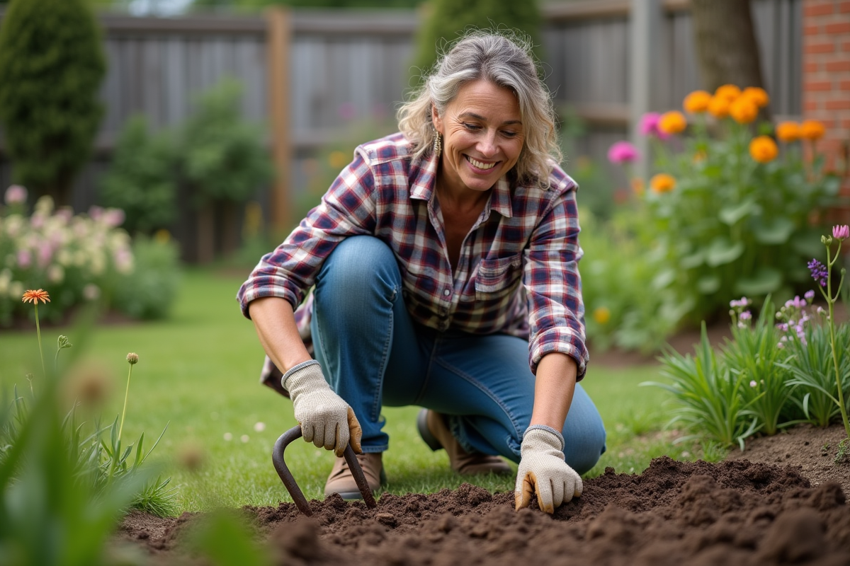 Femme en vêtements de travail dans le jardin en train de bêcher la terre