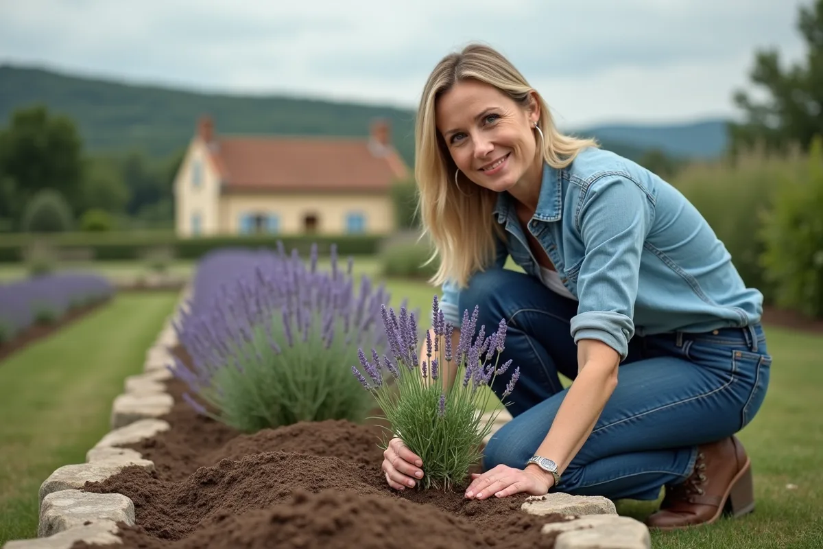 Femme en jardinage plantant de la lavande en extérieur