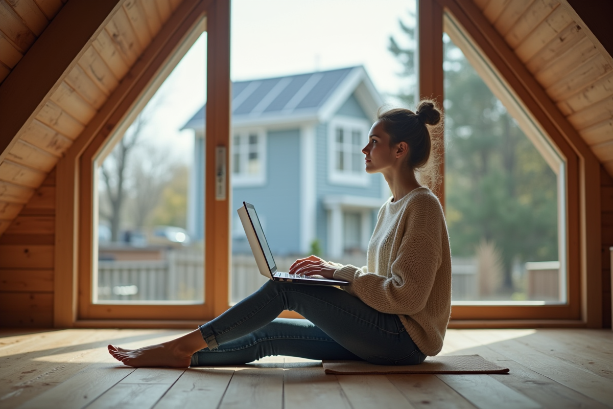 Jeune femme travaillant dans un loft avec vue sur panneaux solaires