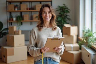 Femme souriante mesurant des cartons dans un appartement