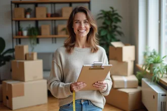 Femme souriante mesurant des cartons dans un appartement