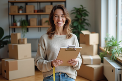 Femme souriante mesurant des cartons dans un appartement