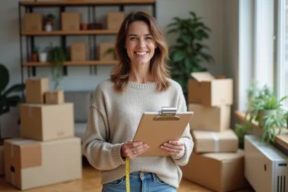 Femme souriante mesurant des cartons dans un appartement