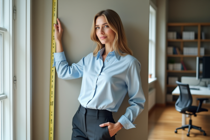 Femme d affaires mesurant sa taille avec un ruban dans un bureau moderne