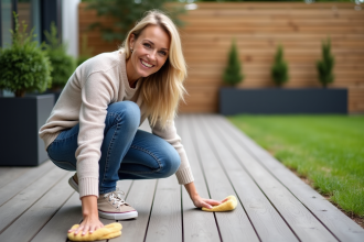 Femme nettoyant une terrasse en bois composite dans un jardin