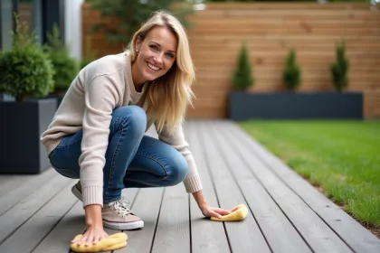 Femme nettoyant une terrasse en bois composite dans un jardin