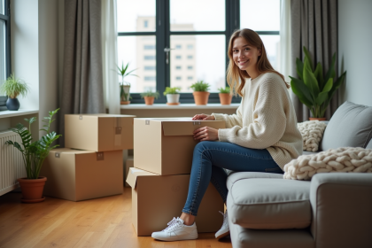 Jeune femme souriante organise ses cartons dans un salon