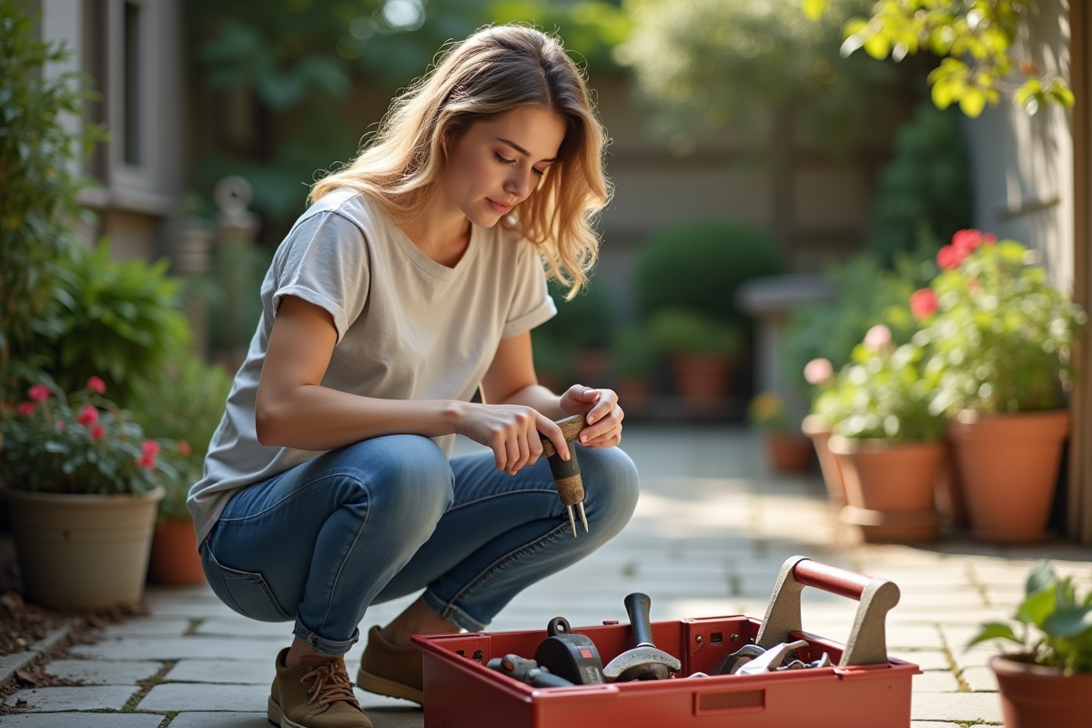 Jeune femme trie ses outils de bricolage dans le jardin