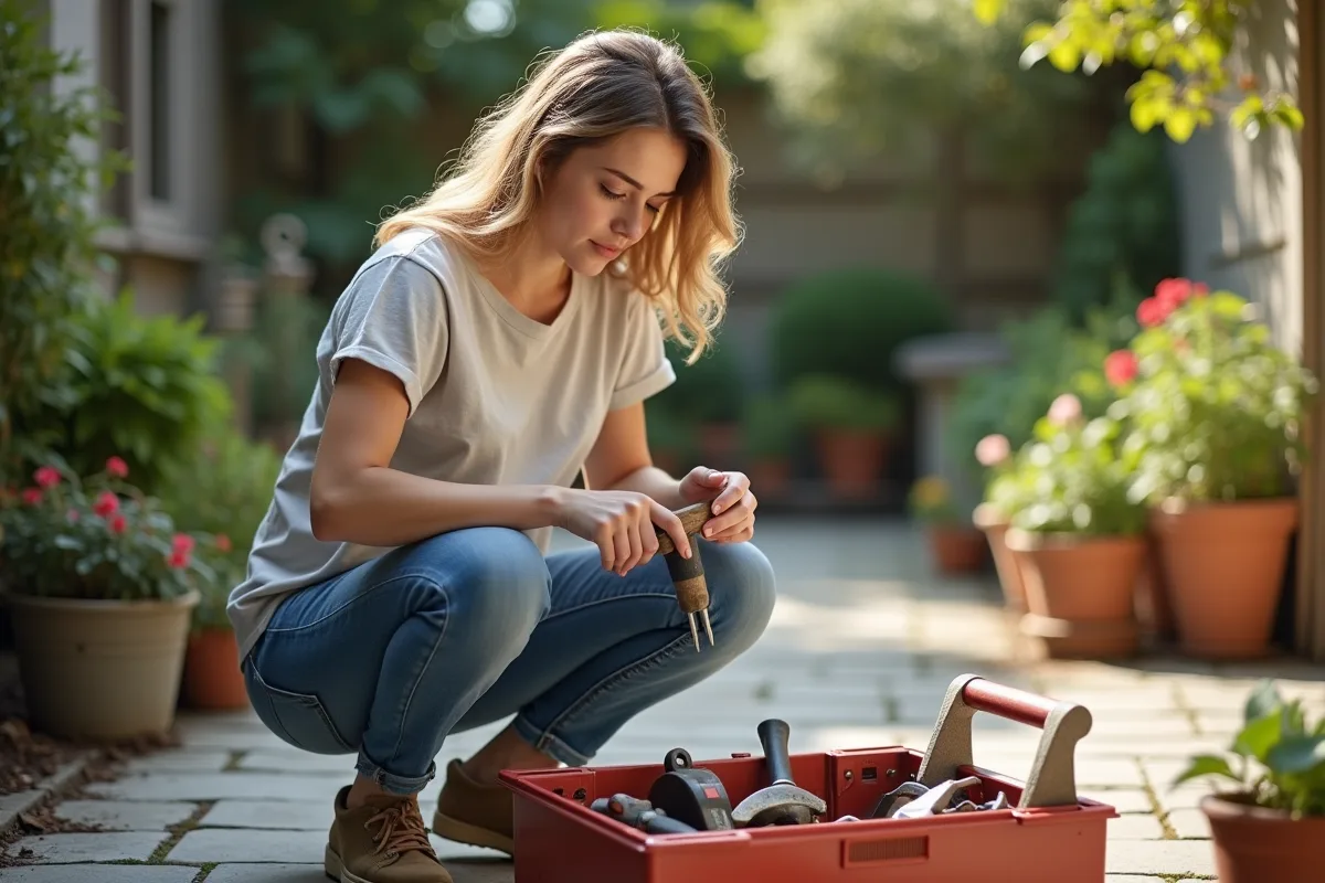 Jeune femme trie ses outils de bricolage dans le jardin