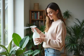 Femme en intérieur arrosant une plante verte avec douceur