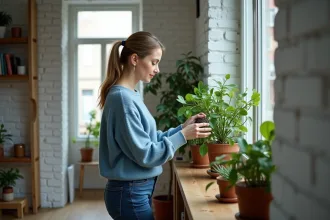 Femme arrangeant plantes dans un salon cosy