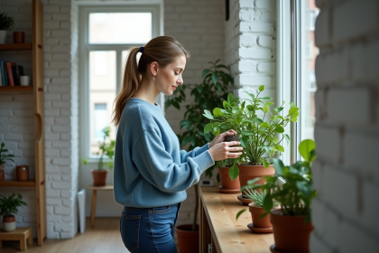 Femme arrangeant plantes dans un salon cosy