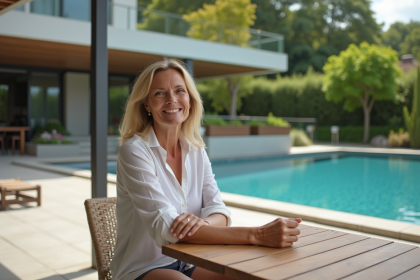 Femme assise sur une terrasse au bord de la piscine