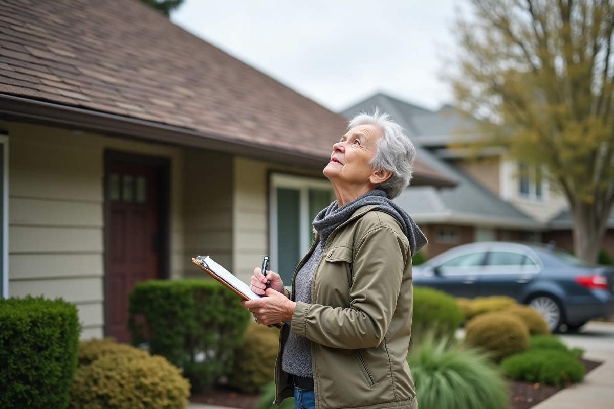 Femme âgée observant le toit de sa maison avec un carnet