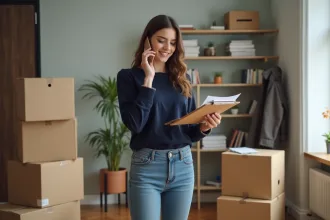 Jeune femme organisant ses papiers dans un appartement moderne