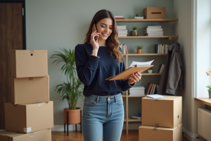 Jeune femme organisant ses papiers dans un appartement moderne