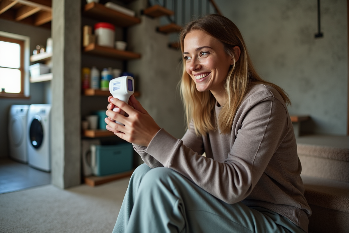 Jeune femme vérifiant la température dans un sous-sol organisé