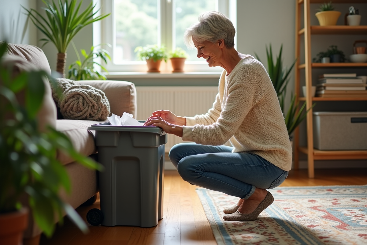 Femme d'âge moyen trie du papier dans sa maison