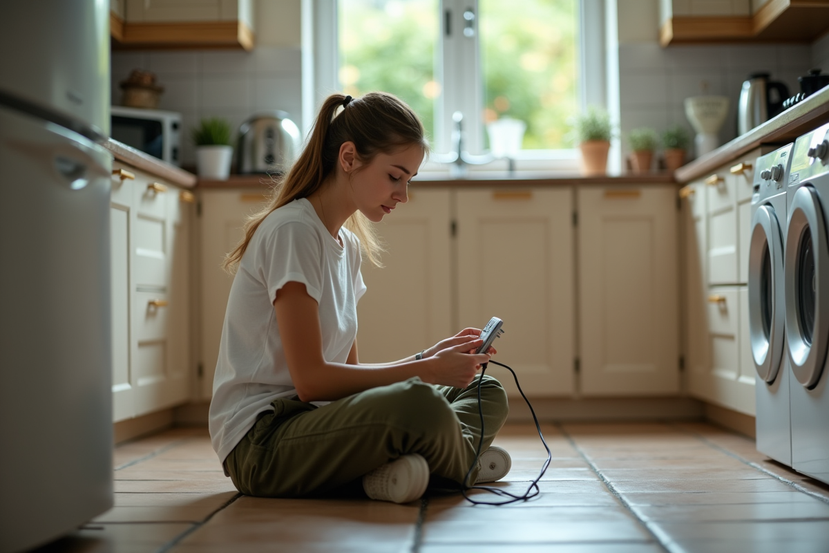 Jeune femme examine un multiprise dans la cuisine