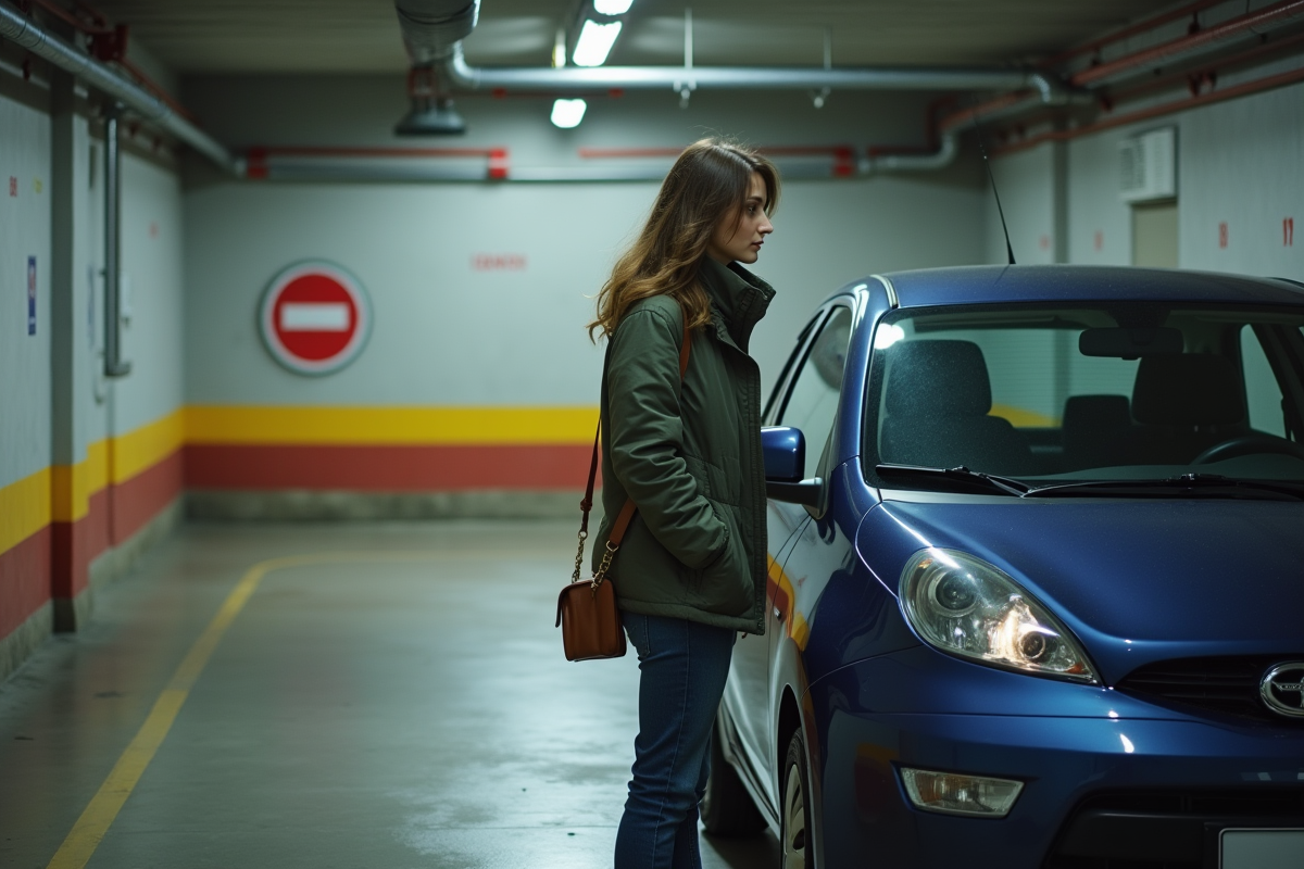 Femme regardant dans un miroir de parking souterrain